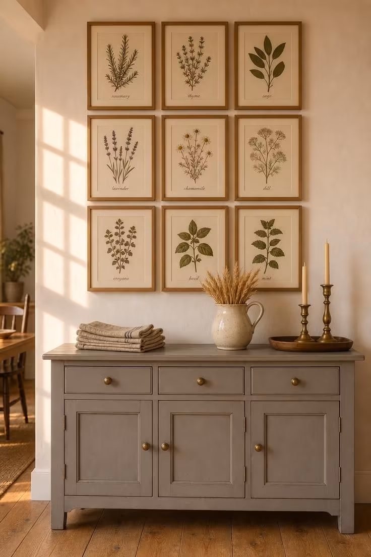 Nine pressed herb prints in thin oak frames arranged in a grid above a dove gray painted sideboard in a warm-lit cottage dining room with dried wheat and brass candlesticks.