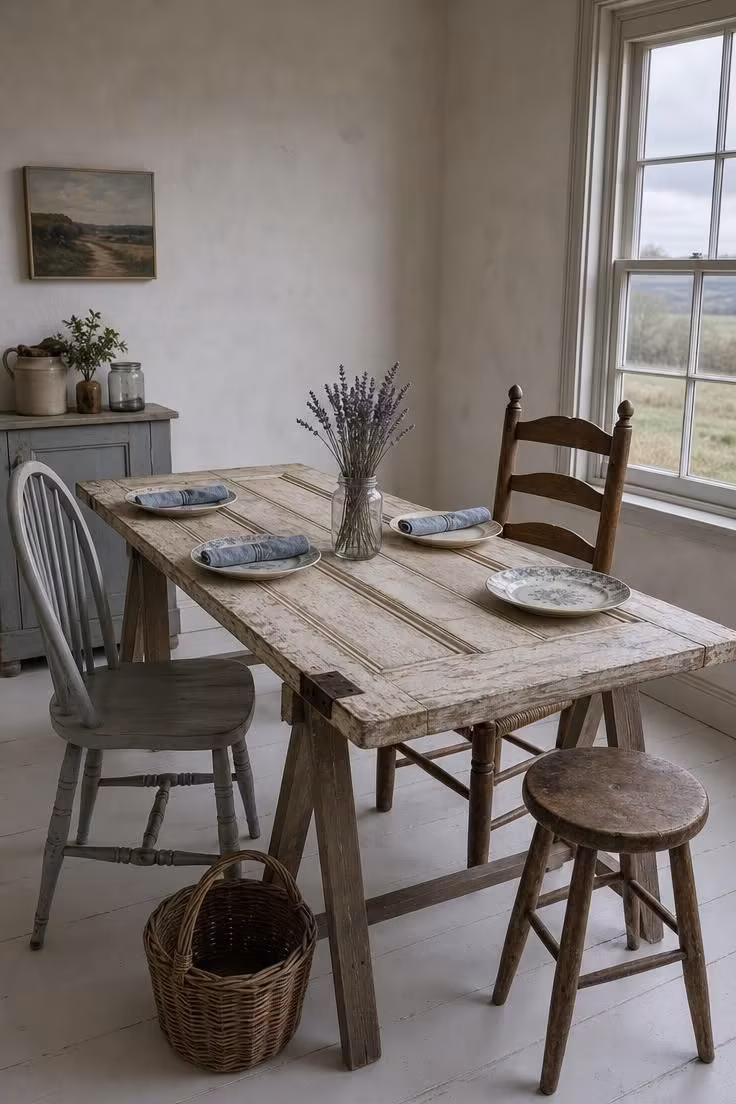 A reclaimed panel door mounted flat on wooden sawhorse legs as a cottage dining table, set with mismatched plates and dried lavender under cool overcast light.