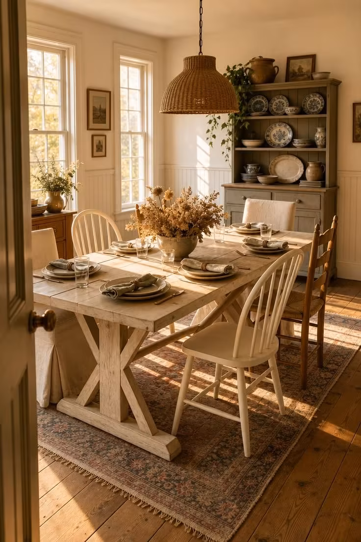 Simple Spaces 18 A full cottage dining room with a whitewashed trestle table, mismatched chairs, rattan pendant light, beadboard wainscoting, and collected blue-and-white plates in a painted hutch, bathed in warm golden afternoon light.