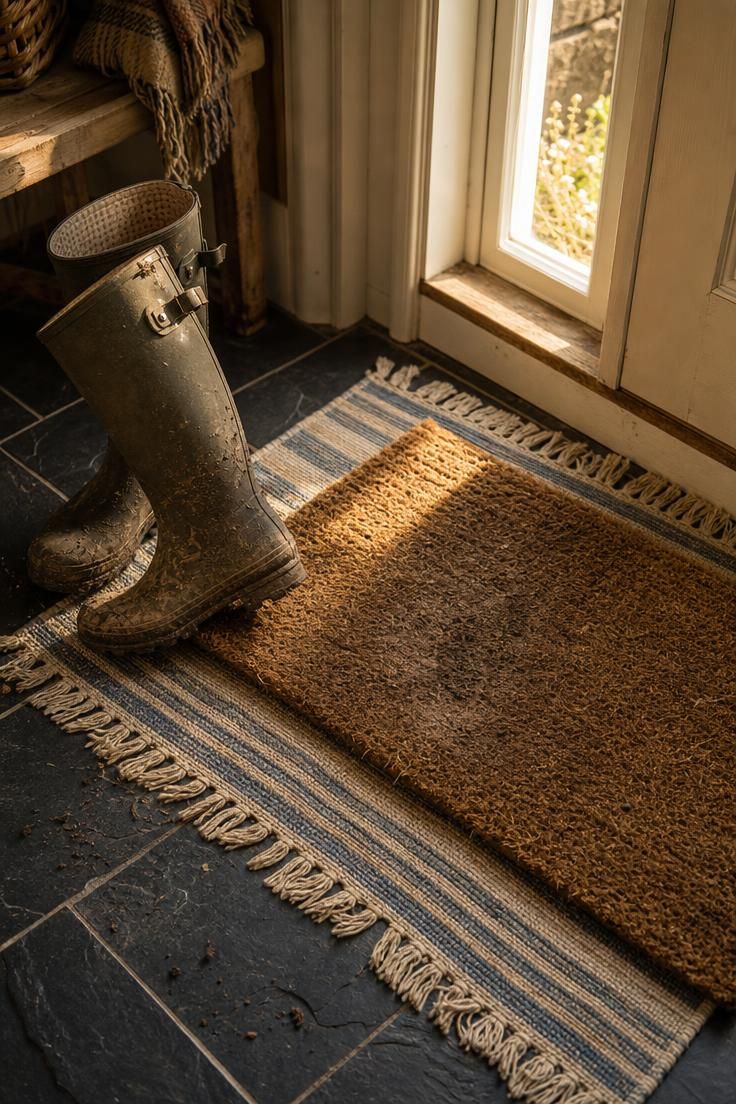 26 Charming Cottage Entryway Ideas for a Cozy Welcome 1 Slate tile cottage entryway floor with a layered coir and cotton doormat and muddy rain boots in warm golden light