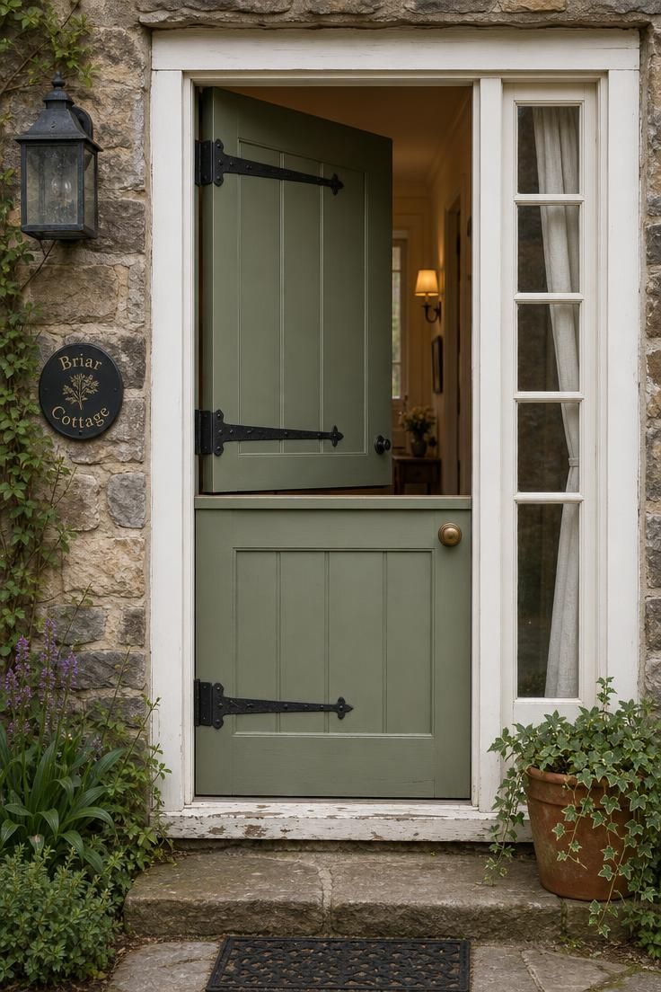 26 Charming Cottage Entryway Ideas for a Cozy Welcome 2 Sage green painted Dutch door with iron strap hinges and a narrow sidelight window under cool overcast light at a cottage entry