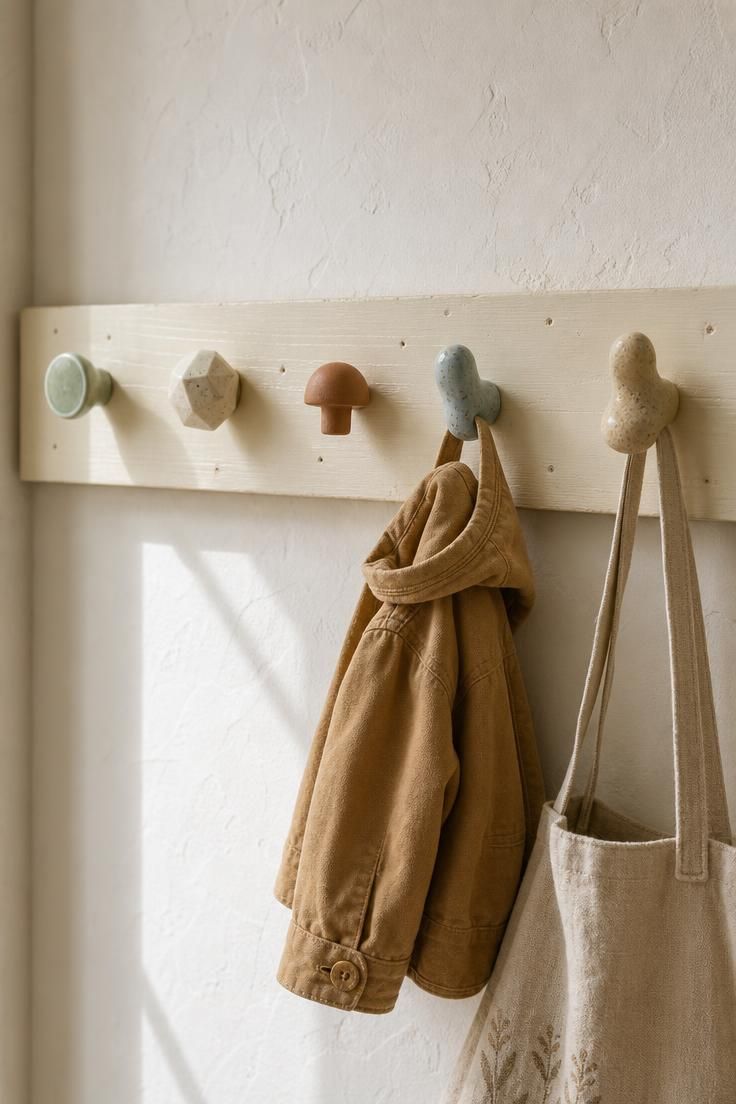26 Charming Cottage Entryway Ideas for a Cozy Welcome 3 Five mismatched ceramic wall hooks in different glazes mounted on a cream painted plank board in a bright cottage entryway