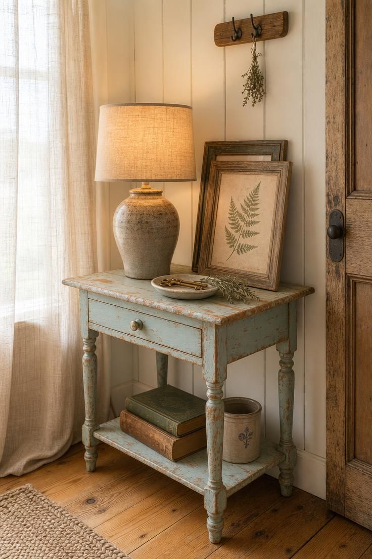 26 Charming Cottage Entryway Ideas for a Cozy Welcome 4 Milk-paint side table in pale blue with a stoneware lamp, stacked botanical prints, and a ceramic key dish in a soft-lit cottage entryway corner