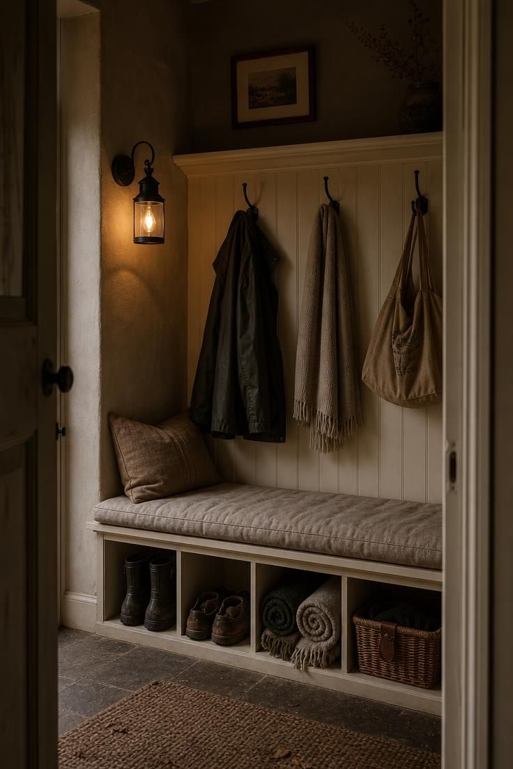 26 Charming Cottage Entryway Ideas for a Cozy Welcome 5 Built-in mudroom nook with beadboard backing, linen seat cushion, open shoe cubbies, and iron coat hooks in moody low light