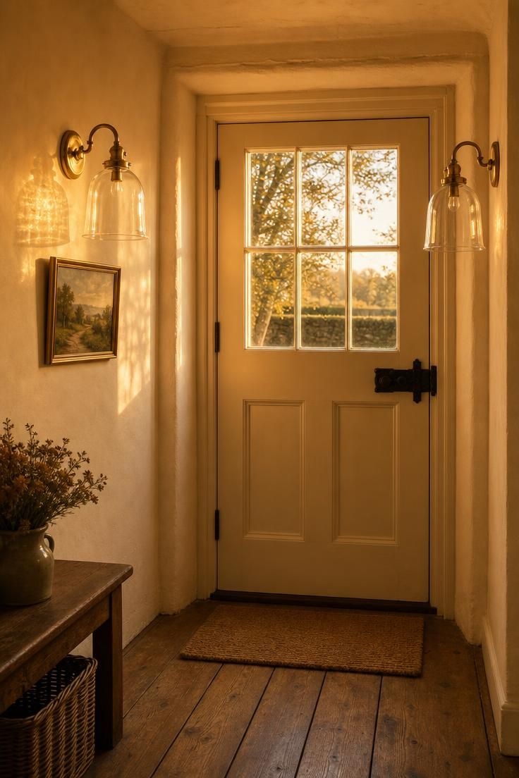 26 Charming Cottage Entryway Ideas for a Cozy Welcome 6 Glass bell jar sconce pair with aged brass flanking a paneled cream front door in warm golden afternoon light inside a cottage entryway