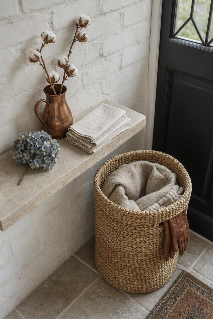 26 Charming Cottage Entryway Ideas for a Cozy Welcome 7 Woven seagrass basket beside a limestone entry ledge with a copper pitcher and dried cotton branches under cool morning light