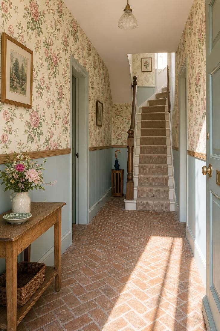 26 Charming Cottage Entryway Ideas for a Cozy Welcome 8 Floral wallpaper with muted roses and sage leaves above a duck-egg blue painted chair rail in a bright midday-lit cottage hallway