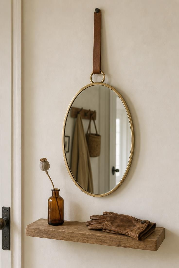 26 Charming Cottage Entryway Ideas for a Cozy Welcome 9 Oval brass mirror with a leather strap hanger on a pale putty plaster wall above a raw oak shelf with a dried poppy stem
