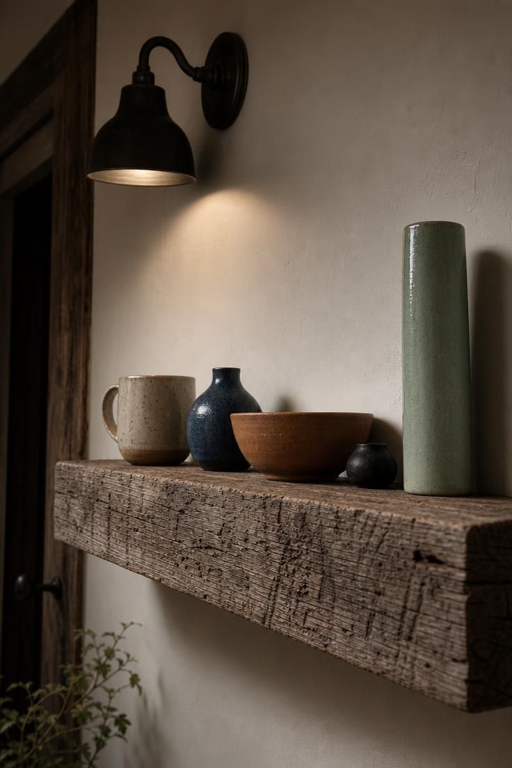26 Charming Cottage Entryway Ideas for a Cozy Welcome 10 Reclaimed barn wood floating shelf with five mismatched pottery pieces in varied glazes under moody amber sconce light