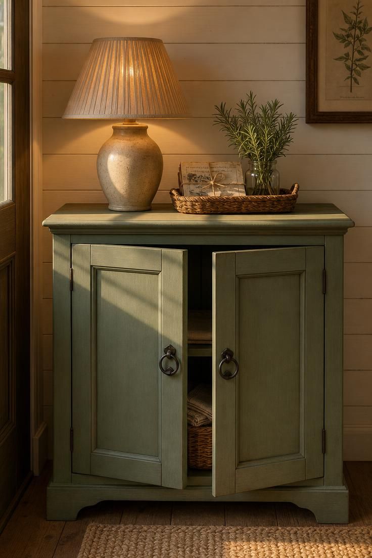 26 Charming Cottage Entryway Ideas for a Cozy Welcome 11 Sage green painted entry cabinet with iron ring pulls and a ceramic putty lamp in warm golden afternoon light against a horizontal wood plank wall