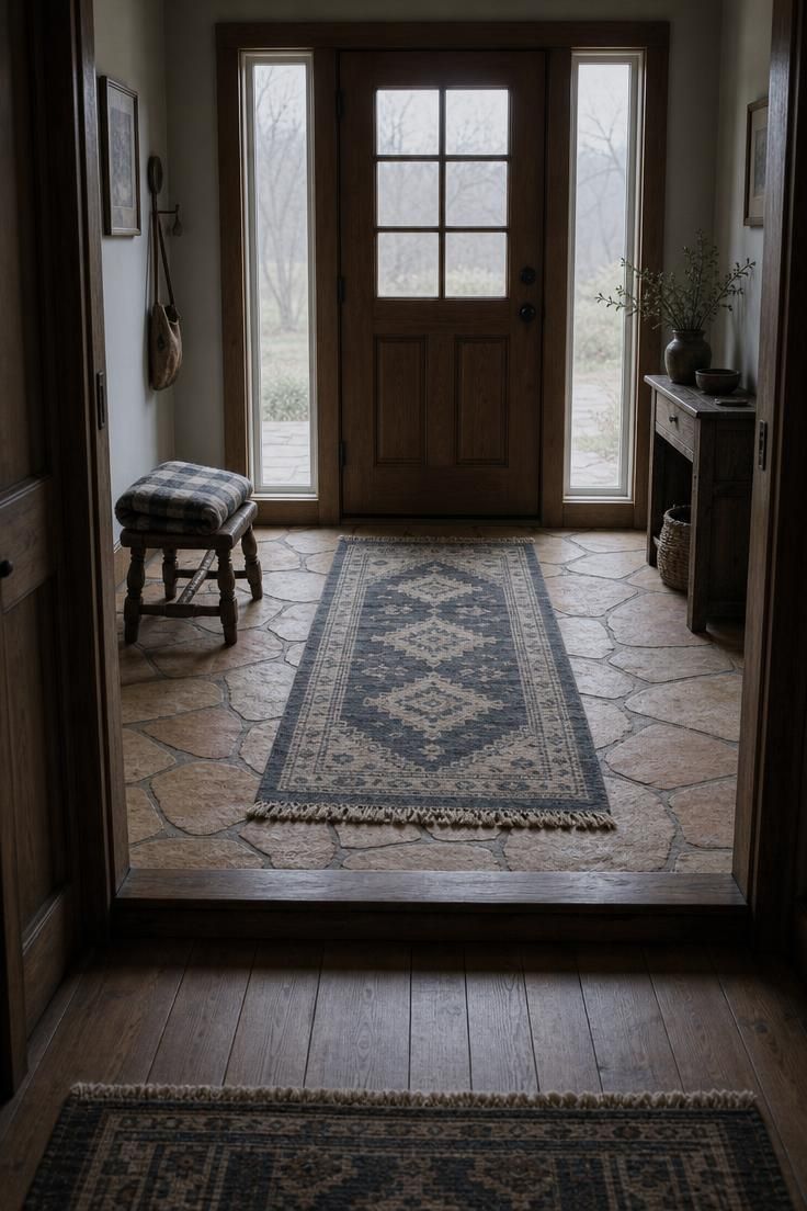26 Charming Cottage Entryway Ideas for a Cozy Welcome 12 Flagstone step-down cottage entry with a hand-knotted wool runner in faded indigo and cream under cool overcast daylight