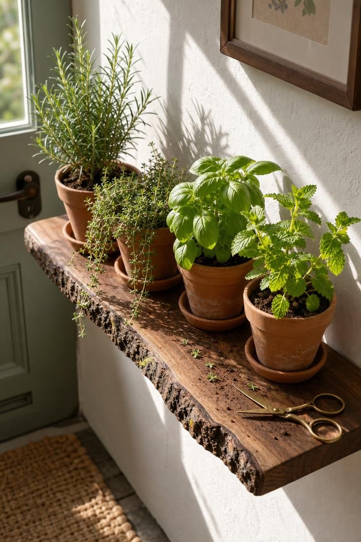 26 Charming Cottage Entryway Ideas for a Cozy Welcome 13 Four terracotta herb pots with rosemary, thyme, basil, and mint on a live-edge walnut bracket shelf in bright midday light