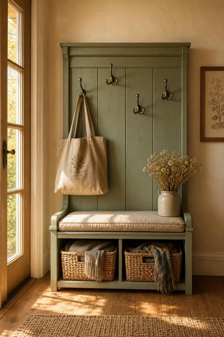 26 Charming Cottage Entryway Ideas for a Cozy Welcome 14 Painted pine hall tree in sage green with brass hooks and linen seat cushion in a cottage entryway with warm afternoon light