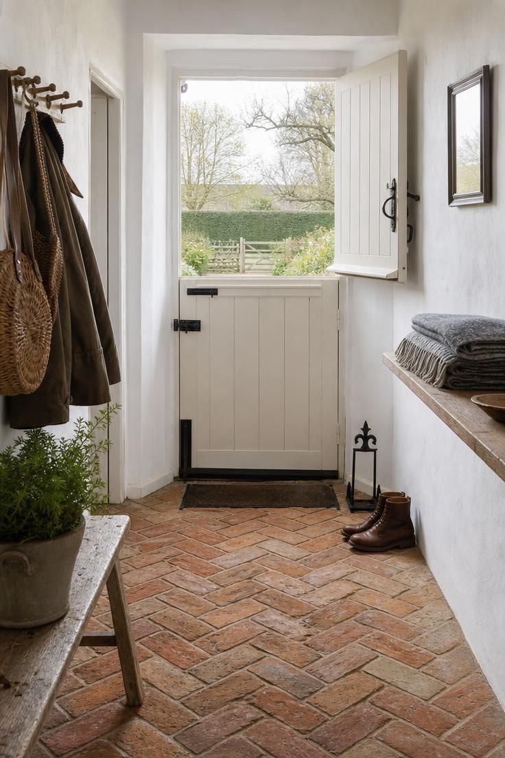 26 Charming Cottage Entryway Ideas for a Cozy Welcome 15 Herringbone brick floor in terracotta tones leading to a whitewashed Dutch door in a cottage entryway with cool morning light
