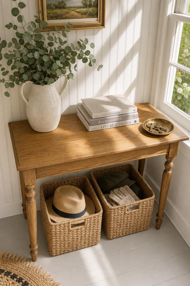 26 Charming Cottage Entryway Ideas for a Cozy Welcome 16 Narrow oak console table with turned legs and seagrass bins in a bright cottage entryway with beadboard wall