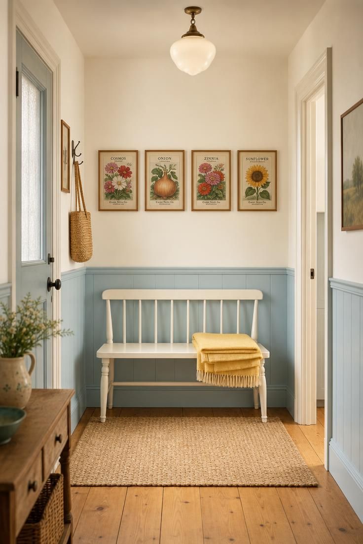 26 Charming Cottage Entryway Ideas for a Cozy Welcome 17 Milk paint wainscoting in soft blue with framed seed packet art above a painted bench in a cottage hallway