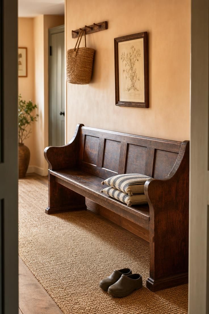 26 Charming Cottage Entryway Ideas for a Cozy Welcome 19 Salvaged dark oak church pew bench with striped cushions in a cottage entryway with warm plaster walls and sisal runner