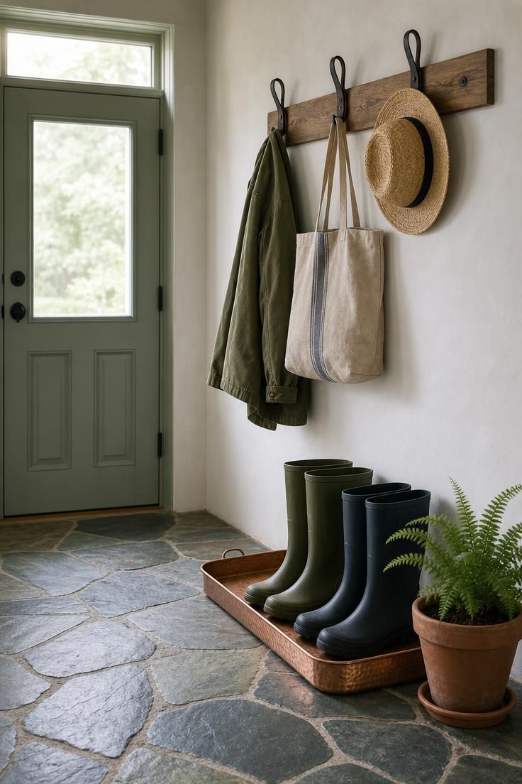 26 Charming Cottage Entryway Ideas for a Cozy Welcome 20 Slate flagstone floor with copper boot tray and leather-strap wall hooks in a cottage entryway under cool overcast light