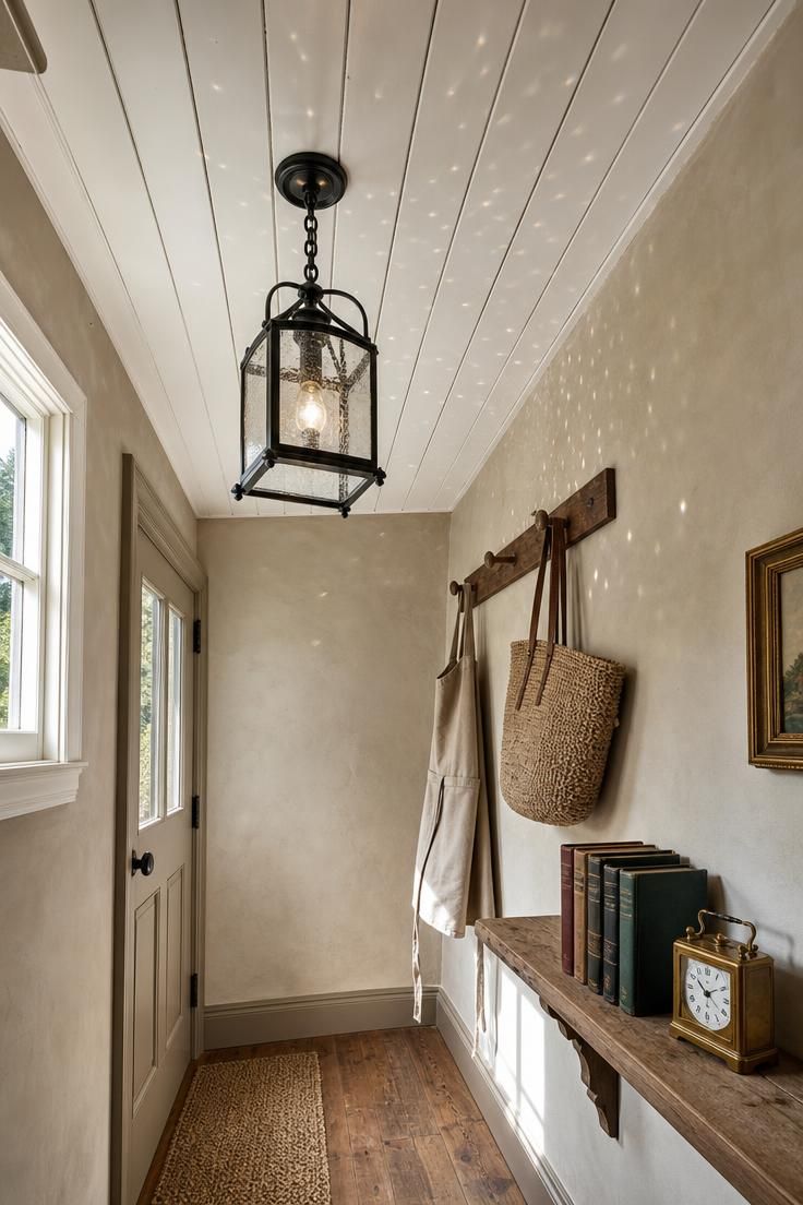 26 Charming Cottage Entryway Ideas for a Cozy Welcome 21 Wrought-iron lantern pendant with seeded glass in a low-ceiling cottage foyer with tongue-and-groove ceiling and midday light