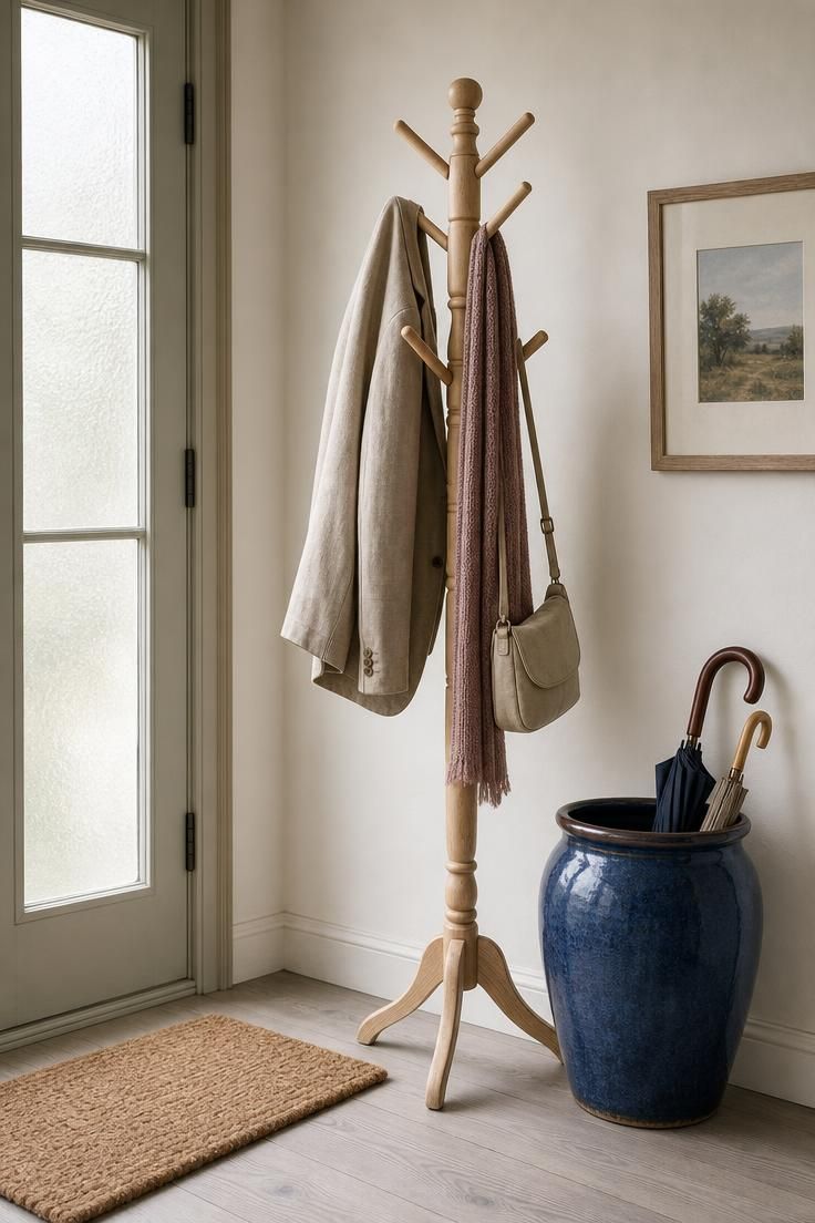 26 Charming Cottage Entryway Ideas for a Cozy Welcome 22 Freestanding turned birch coat rack with cobalt blue ceramic umbrella jar in a softly lit cottage entryway corner