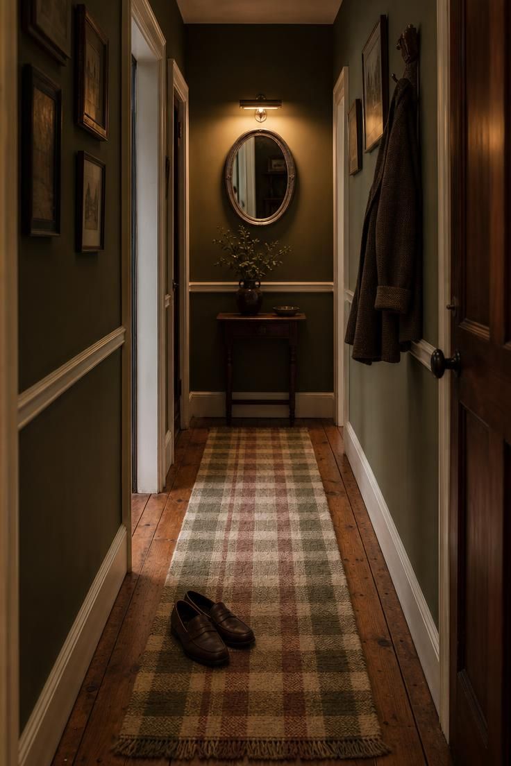 26 Charming Cottage Entryway Ideas for a Cozy Welcome 23 Wide-plank heart pine floor with muted plaid wool runner in an olive green cottage hallway with warm picture light