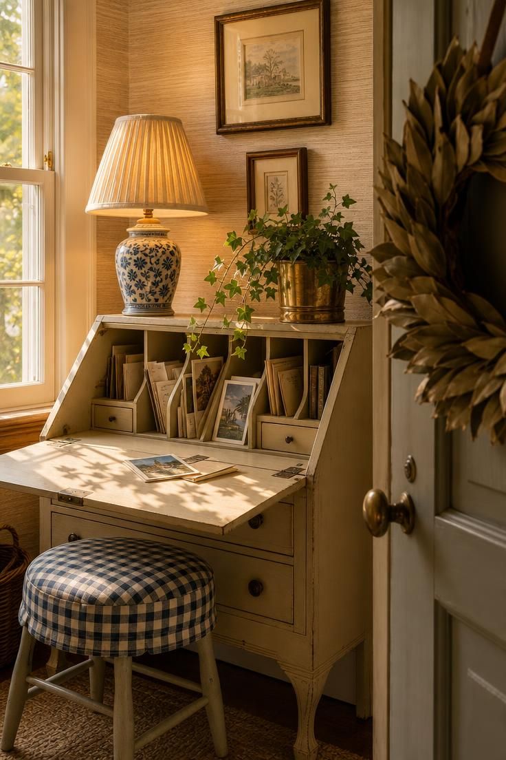 26 Charming Cottage Entryway Ideas for a Cozy Welcome 24 Gingham-upholstered stool beside a cream drop-front secretary desk in a warm cottage entryway alcove with golden light