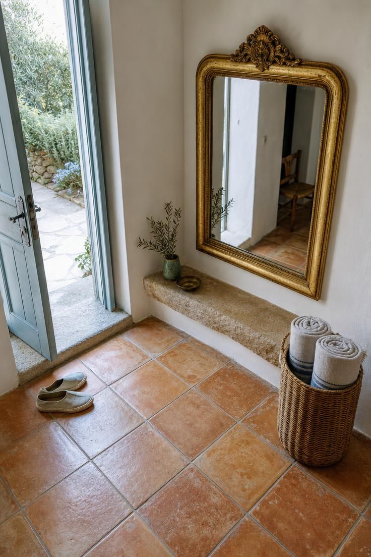 26 Charming Cottage Entryway Ideas for a Cozy Welcome 25 Square terracotta tile entry with distressed gilded mirror and wicker basket in a cottage entryway under cool daylight