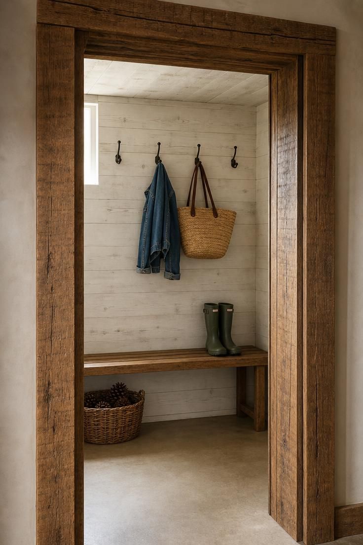 26 Charming Cottage Entryway Ideas for a Cozy Welcome 26 Reclaimed timber door frame leading into a whitewashed mudroom nook with iron hooks and oak bench under soft light