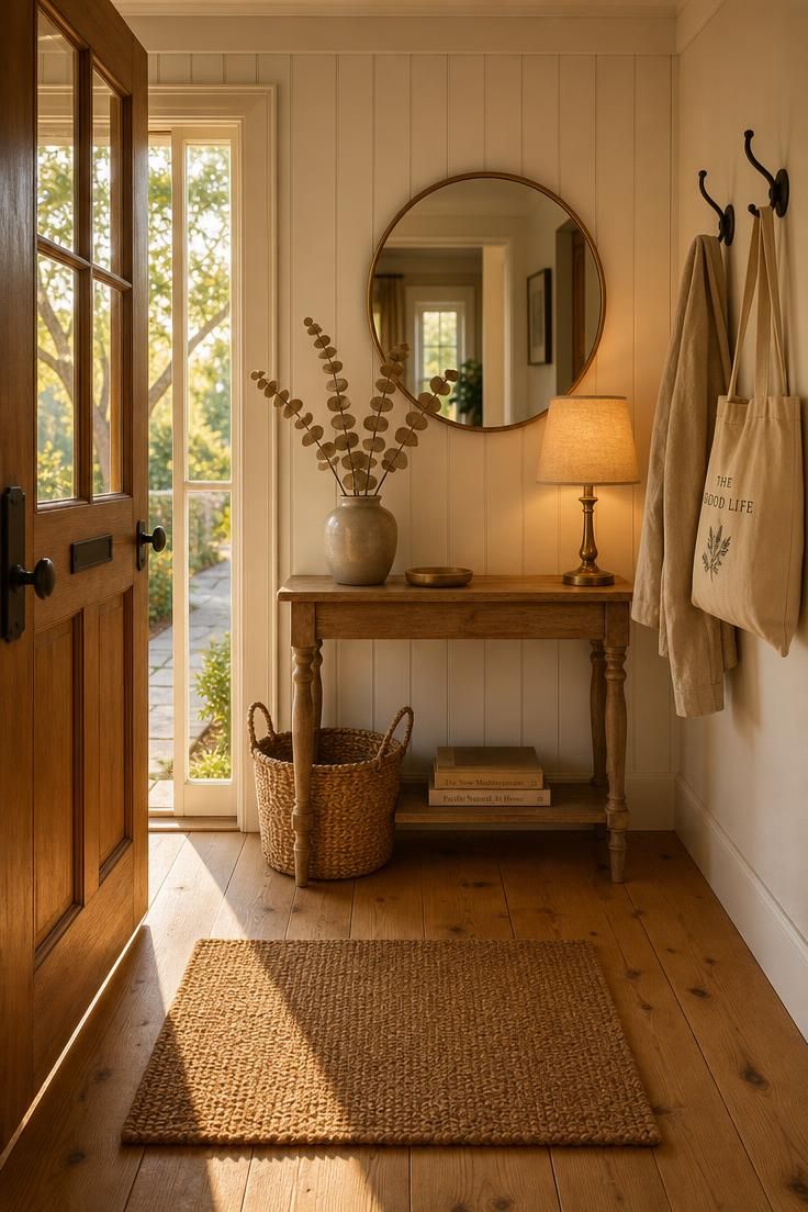 Simple Spaces 14 Complete cottage entryway with a weathered oak console table, brass mirror, iron hooks, and warm golden afternoon light streaming through a half-open front door