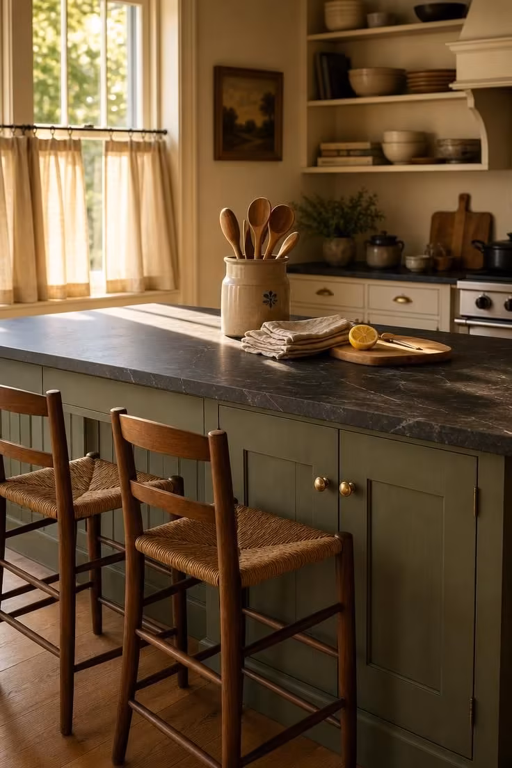 10 Charming Cottage Farmhouse Kitchen Ideas to Recreate 1 Sage green Shaker island with honed soapstone countertop and rush-seat stools in a cottage farmhouse kitchen bathed in warm afternoon light