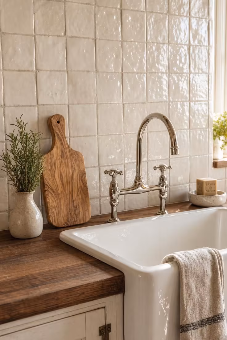 10 Charming Cottage Farmhouse Kitchen Ideas to Recreate 2 Close-up of handmade zellige tile backsplash with irregular glaze behind a fireclay apron front sink and bridge faucet in bright midday light