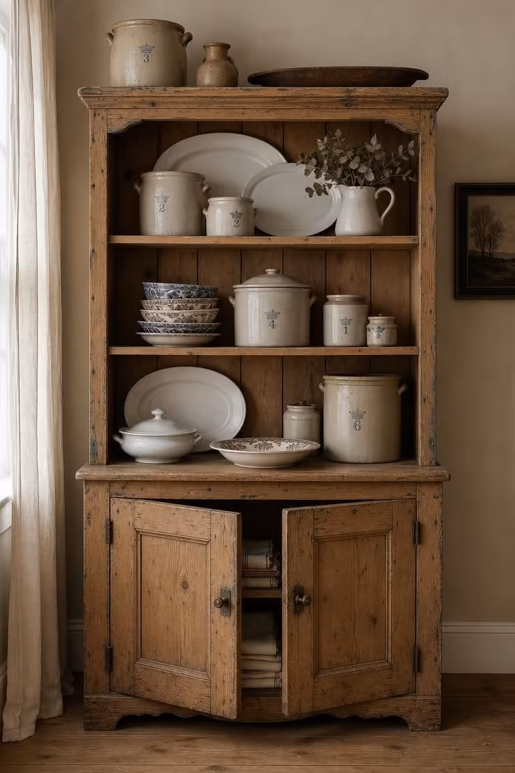 10 Charming Cottage Farmhouse Kitchen Ideas to Recreate 4 Antique pine hutch displaying ironstone platters and stoneware crocks against a putty-colored wall in soft diffused light