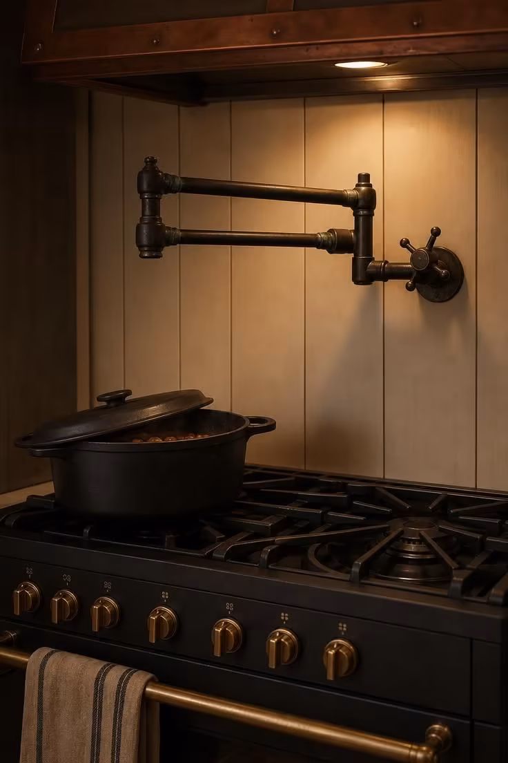 10 Charming Cottage Farmhouse Kitchen Ideas to Recreate 5 Oil-rubbed bronze pot filler on cream shiplap paneling above a matte black range in moody low light with copper range hood