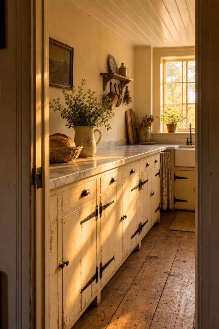 10 Charming Cottage Farmhouse Kitchen Ideas to Recreate 6 Distressed cream cabinets with black iron strap hinges and bin pulls in a cottage farmhouse kitchen seen from a doorway in golden hour light