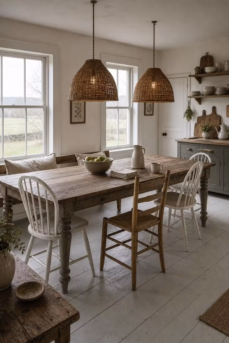 10 Charming Cottage Farmhouse Kitchen Ideas to Recreate 7 Two woven rattan pendant shades over a plank-top farm table with mismatched chairs in cool overcast morning light