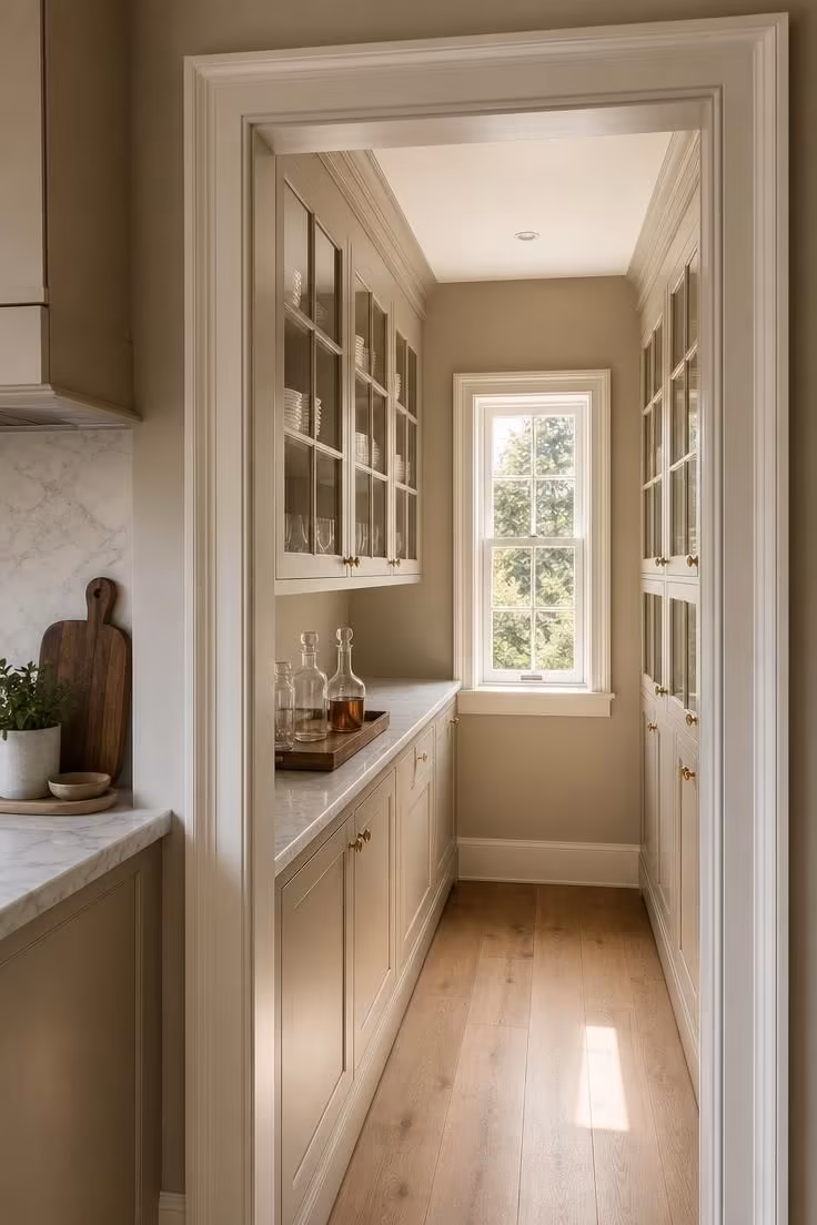 10 Charming Cottage Farmhouse Kitchen Ideas to Recreate 8 Glass-front butler's pantry cabinets with brass knobs and neatly stacked dishware in bright midday light viewed from the main kitchen