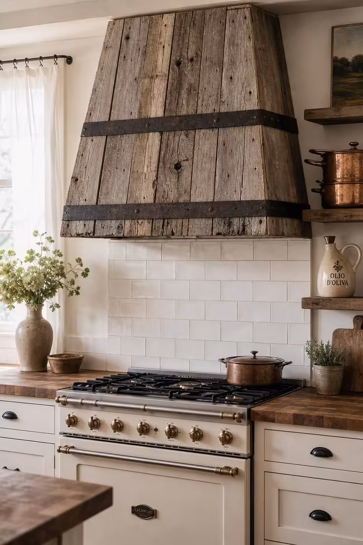 10 Charming Cottage Farmhouse Kitchen Ideas to Recreate 9 Reclaimed barnwood range hood with iron banding over a cream range and handmade tile backsplash in soft diffused light