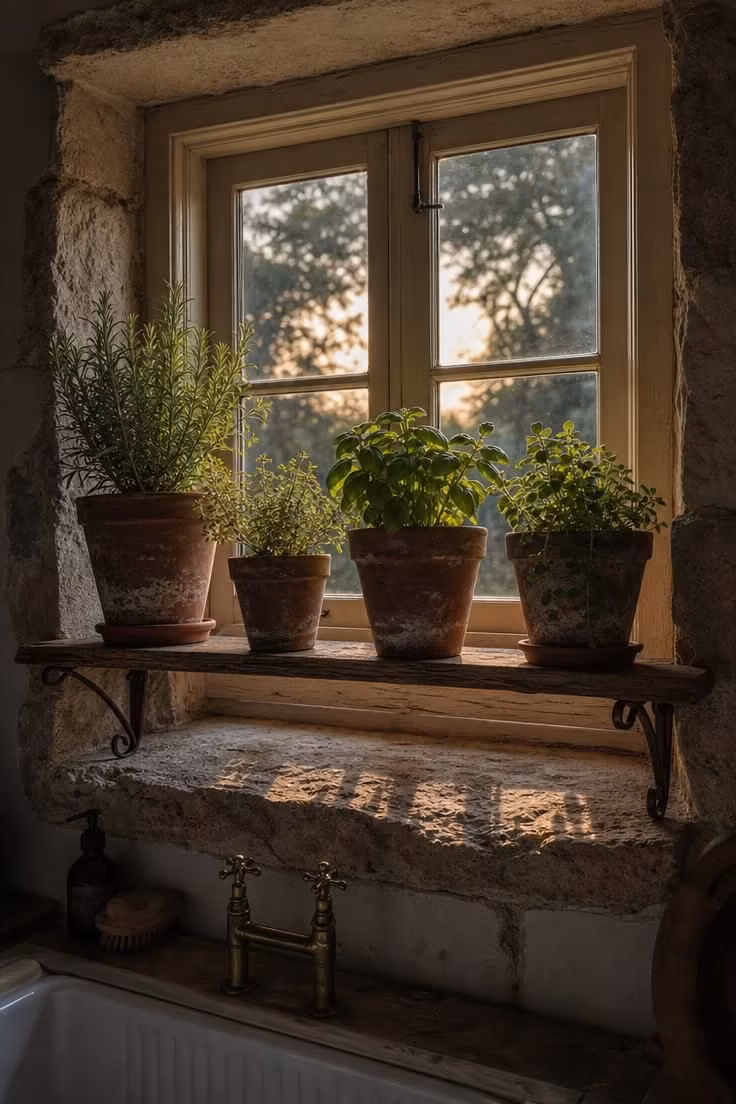10 Charming Cottage Farmhouse Kitchen Ideas to Recreate 10 Herb garden on a deep limestone windowsill with terra-cotta pots backlit by moody evening light in a cottage farmhouse kitchen