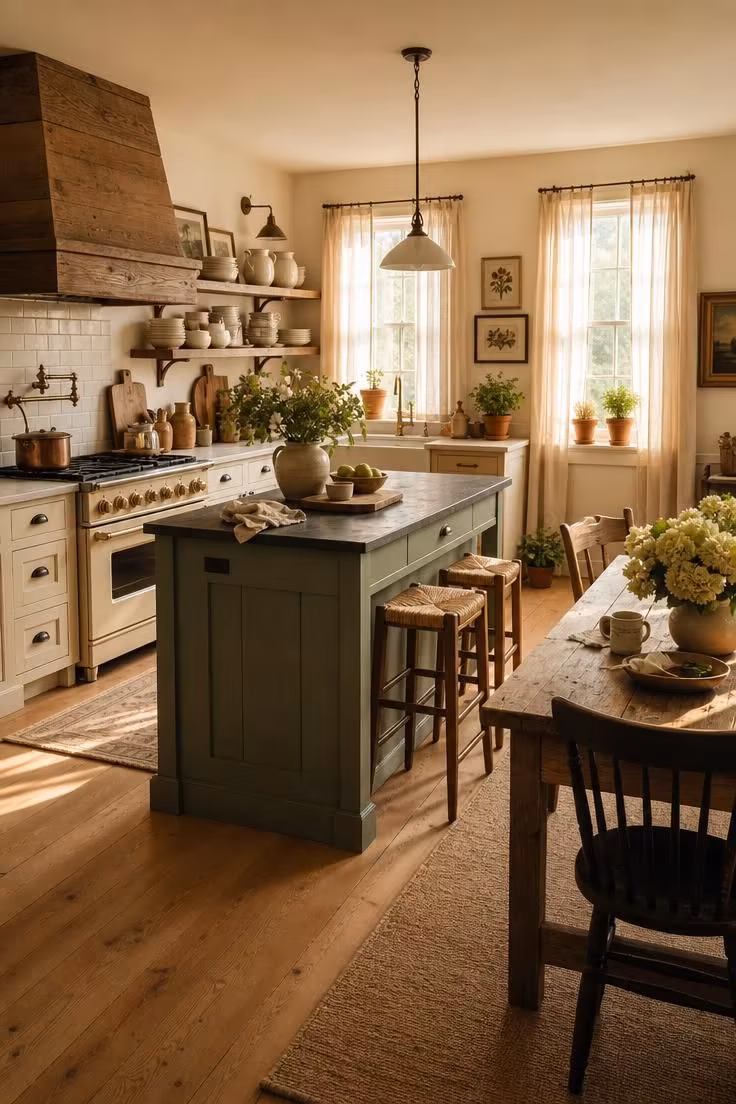 Simple Spaces 16 A complete cottage farmhouse kitchen with sage island, cream cabinets, reclaimed barnwood range hood, farm table, and warm afternoon light