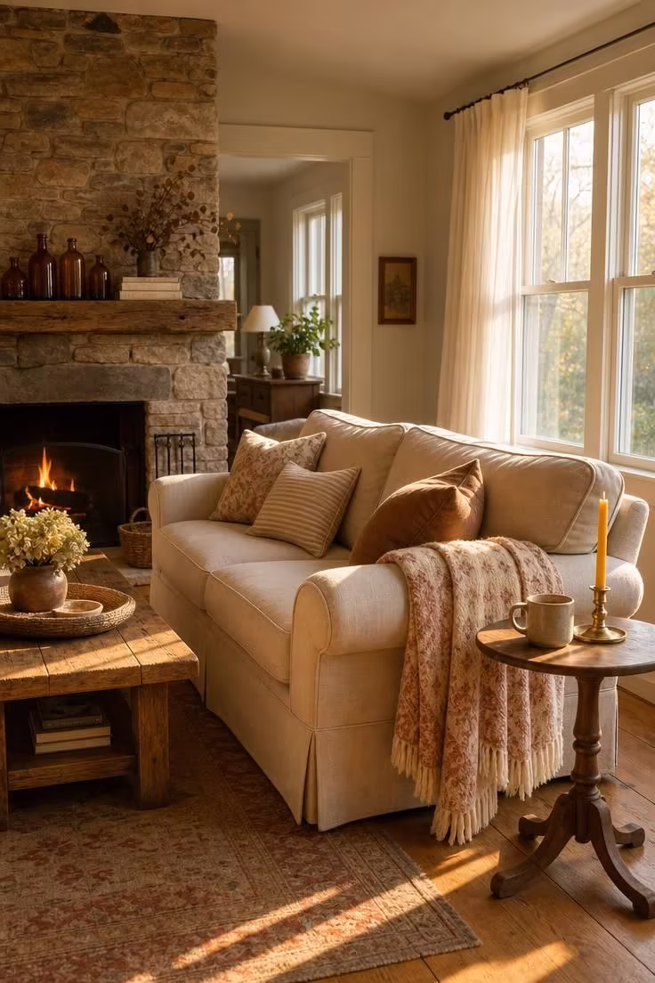 12 Cozy Cottage Farmhouse Living Room Ideas Worth Saving 1 Oatmeal linen rolled-arm sofa beside a stacked fieldstone fireplace in a cottage farmhouse living room with warm golden light