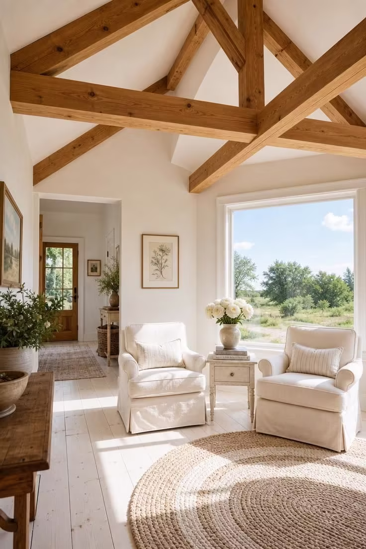 12 Cozy Cottage Farmhouse Living Room Ideas Worth Saving 2 Honey pine ceiling beams over whitewashed plank floors in a bright cottage farmhouse living room with linen armchairs