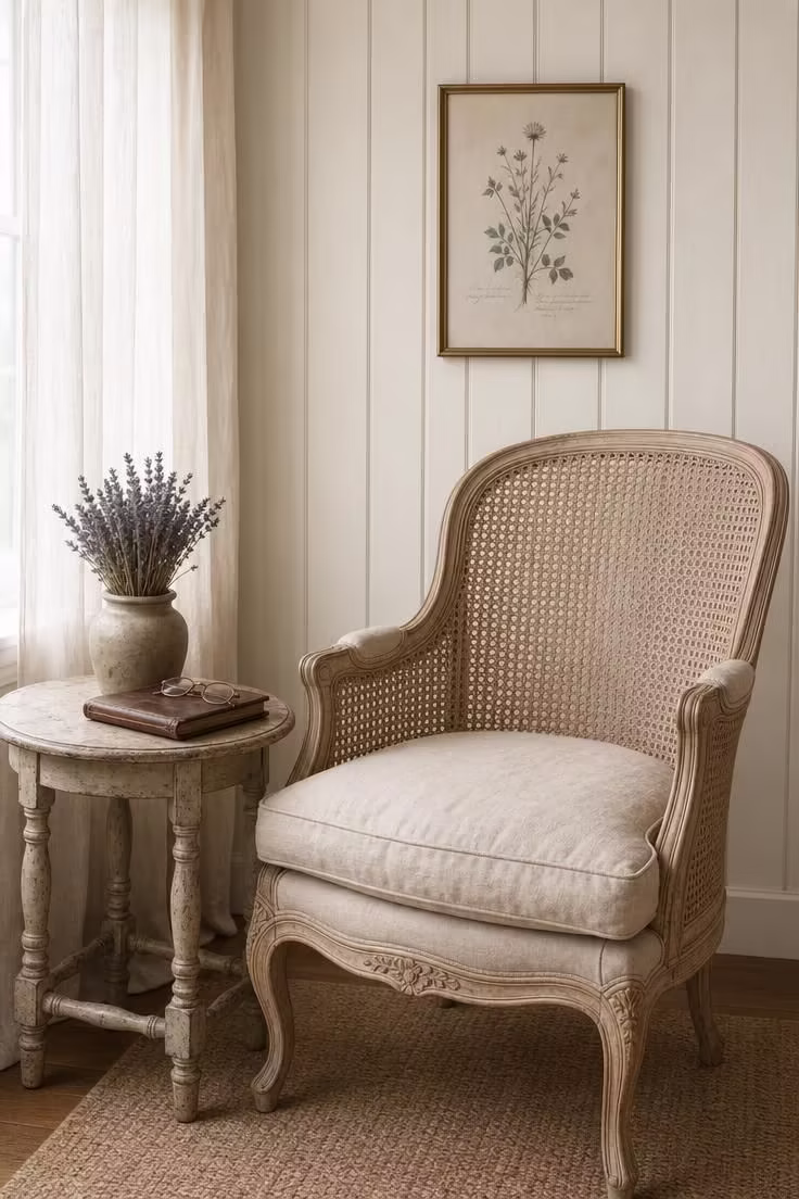12 Cozy Cottage Farmhouse Living Room Ideas Worth Saving 3 Caned bergère chair beside a turned-leg side table with dried lavender in a cottage farmhouse living room with soft diffused light