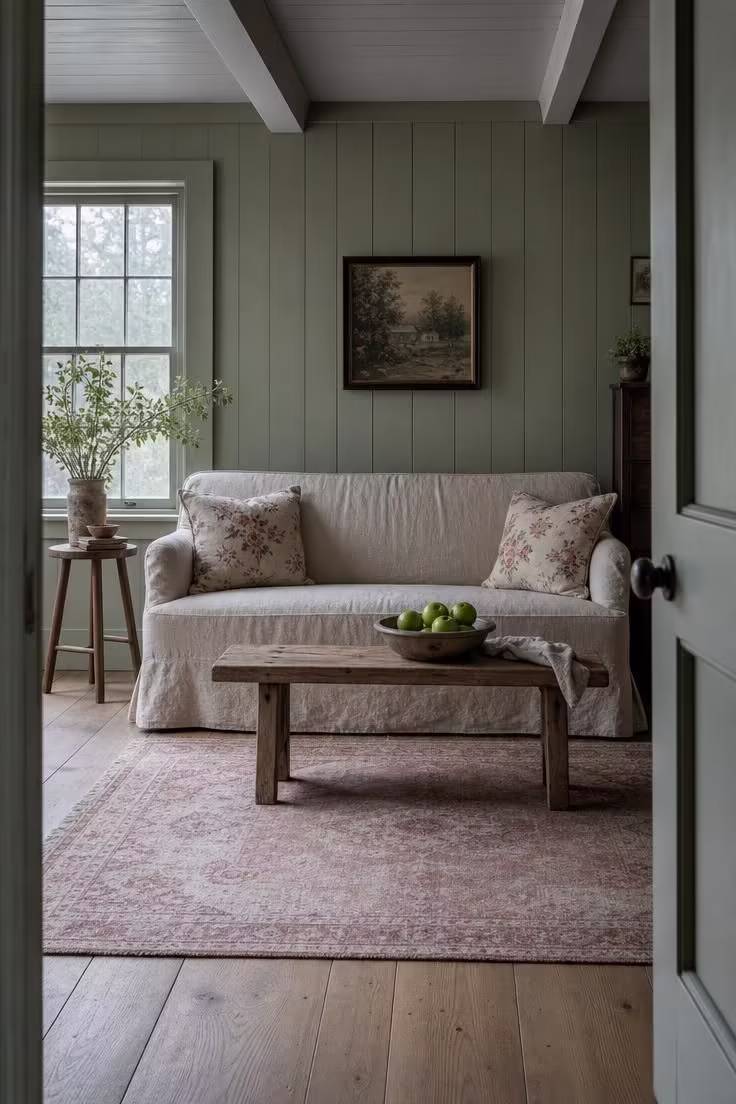 12 Cozy Cottage Farmhouse Living Room Ideas Worth Saving 4 Board-and-batten walls in pale sage behind a slipcovered settee in a cottage farmhouse living room with cool overcast light