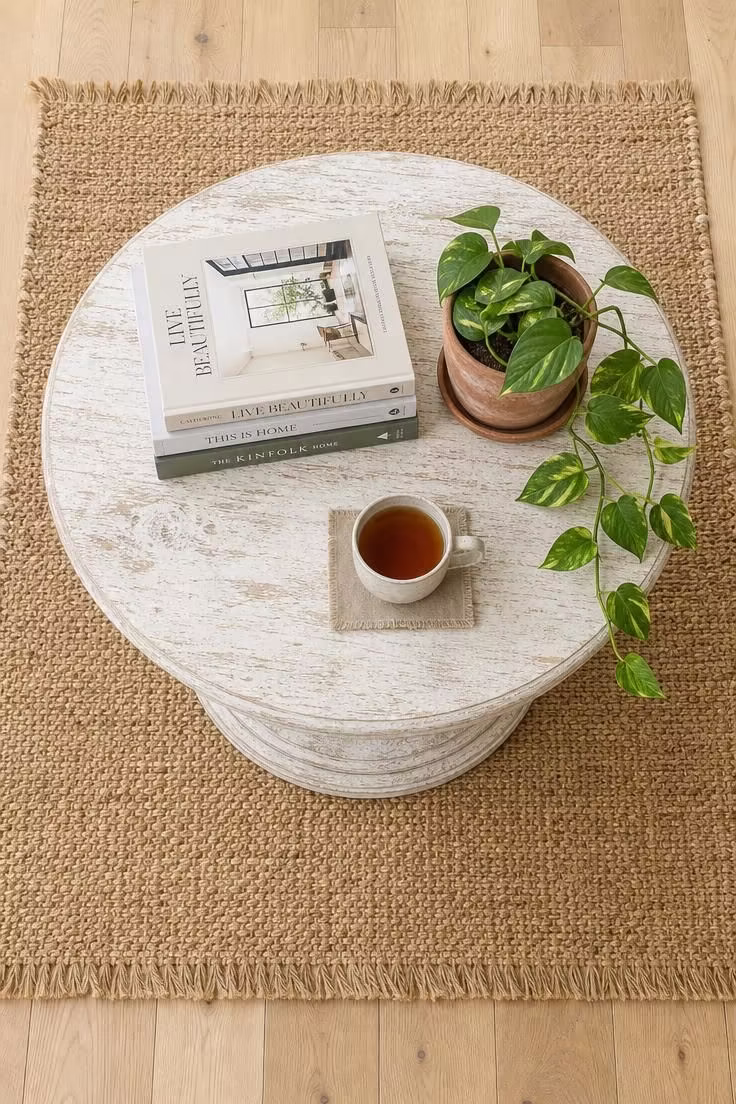 12 Cozy Cottage Farmhouse Living Room Ideas Worth Saving 5 Overhead view of a woven jute rug layered under a distressed round pedestal coffee table in a cottage farmhouse living room