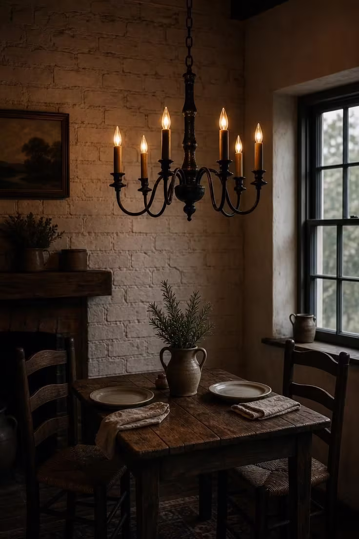 12 Cozy Cottage Farmhouse Living Room Ideas Worth Saving 6 Iron candelabra chandelier above a reclaimed oak dining corner in a moody low-light cottage farmhouse living room