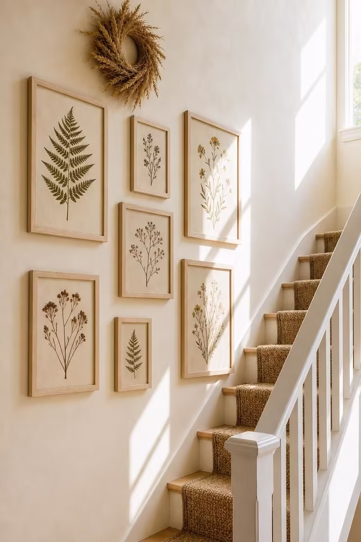 12 Cozy Cottage Farmhouse Living Room Ideas Worth Saving 7 Gallery of pressed botanical prints in raw birch frames along a staircase wall in a bright cottage farmhouse living room