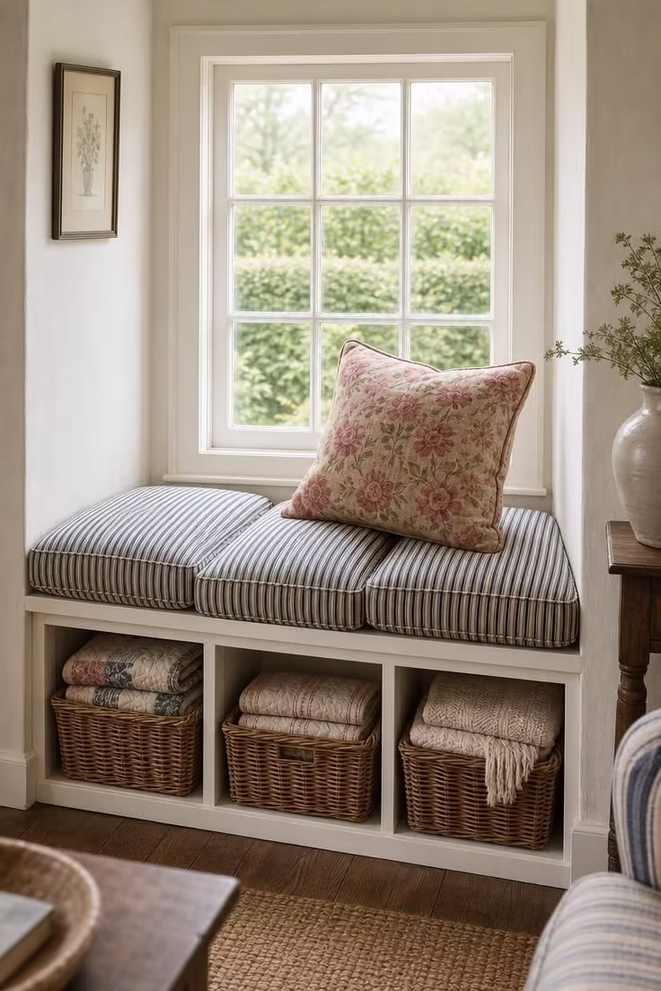 12 Cozy Cottage Farmhouse Living Room Ideas Worth Saving 8 Ticking-stripe cushions on a built-in window bench with wicker basket storage in a cottage farmhouse living room