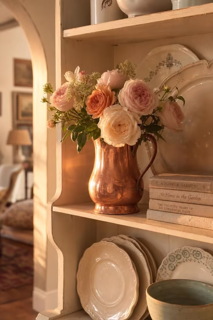 12 Cozy Cottage Farmhouse Living Room Ideas Worth Saving 9 Copper pitcher holding garden roses on a painted pine hutch in a warm golden cottage farmhouse living room