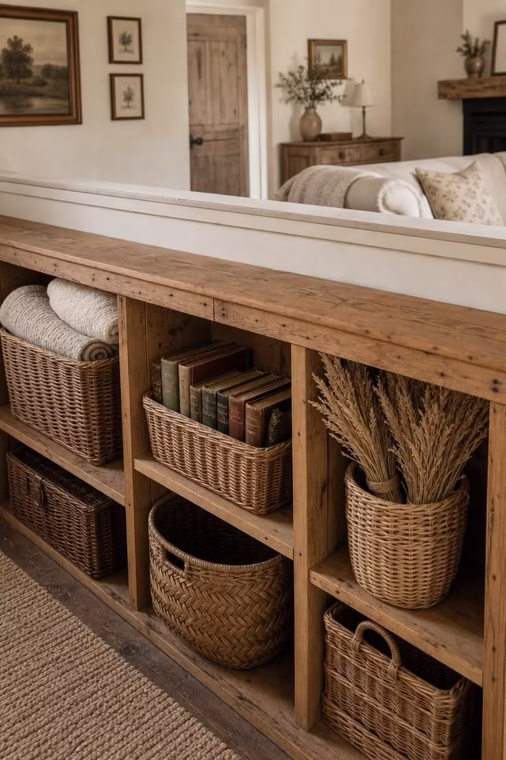 12 Cozy Cottage Farmhouse Living Room Ideas Worth Saving 11 Wicker baskets in open shelving below a shiplap half-wall in a cottage farmhouse living room with soft diffused light
