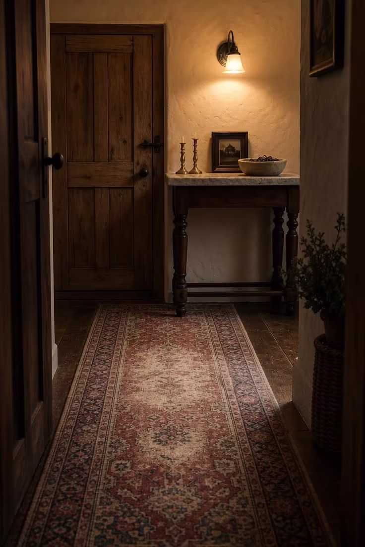 12 Cozy Cottage Farmhouse Living Room Ideas Worth Saving 12 Vintage Persian runner leading from entry to a stone-topped console in a moody low-light cottage farmhouse living room
